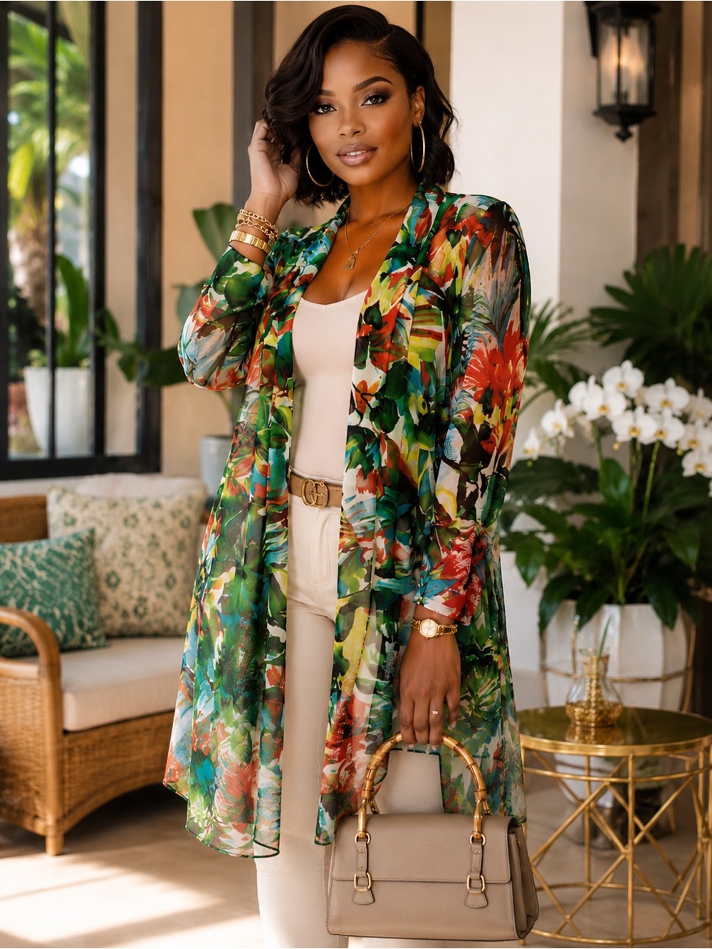 Sheer Tropical Floral Duster Cover-Up - Green Multi